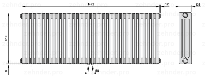 Схема (чертеж) Радиатор Zehnder Charleston 4120/32 №3470 Белый глянцевый RAL 9016
